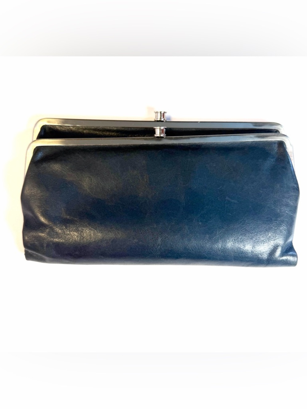 HOBO Lauren Clutch Blue Leather Bifold 2 Sided Framed Kiss Wallet 9x5